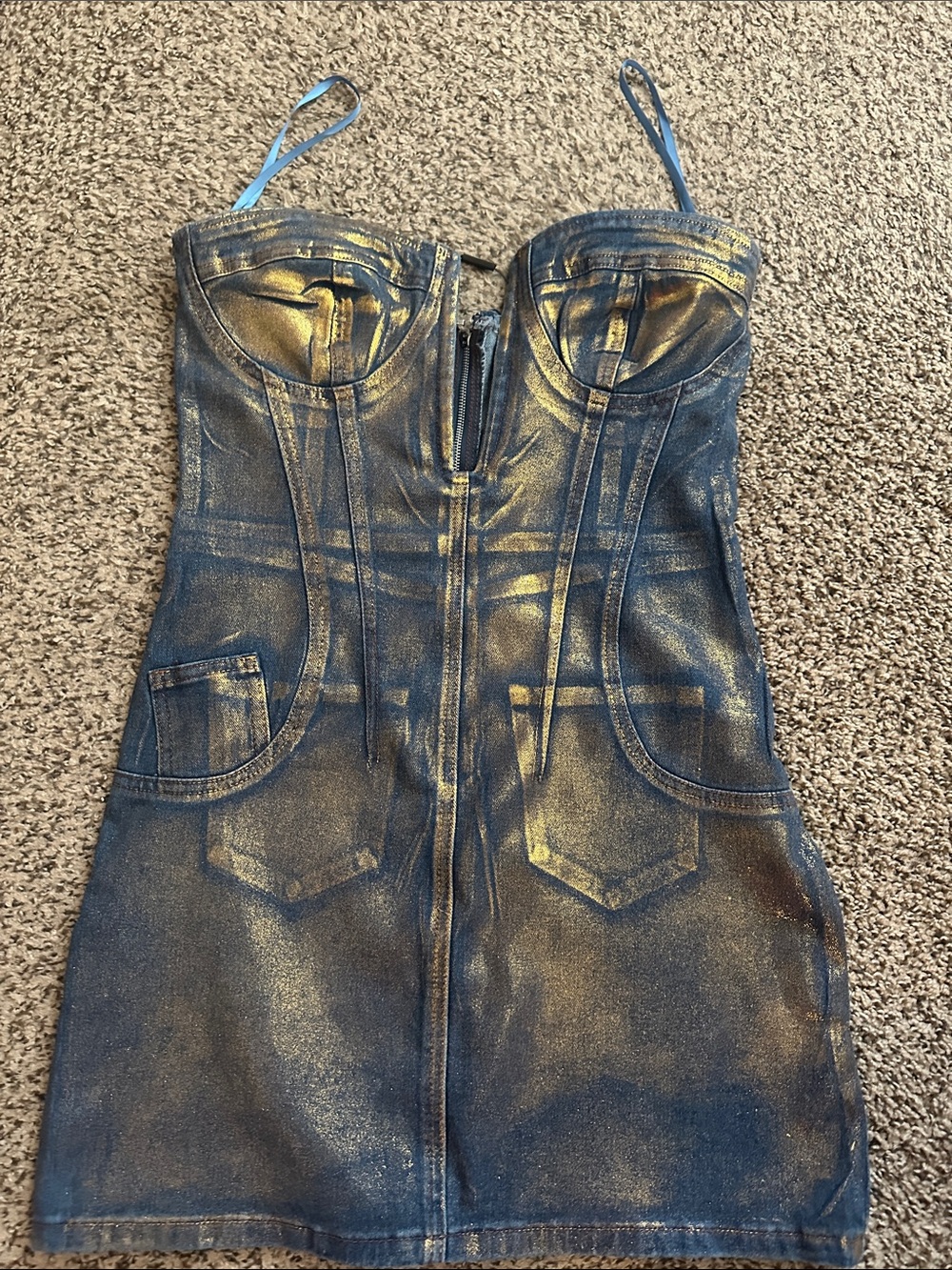 Fashion Nova Metallic Blue Denim Mini Dress with Gold Accents